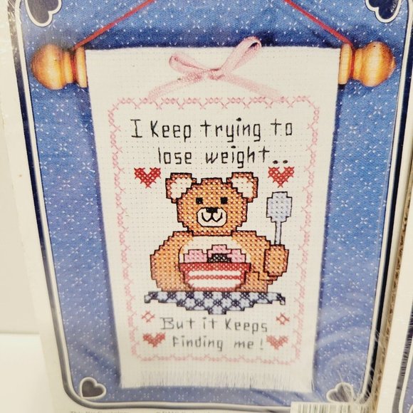 2 Vtg Mini Counted Cross Stitch Kits Teddy Bear Nesting Bird blue pink brown - Picture 2 of 4